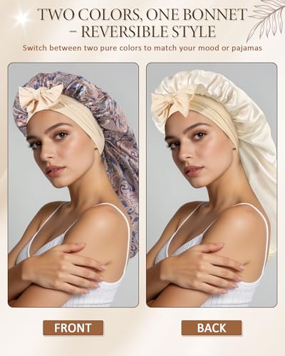 AWAYTR Long Satin Bonnet for Sleeping - Cashew Flower Reversible Sleep Cap