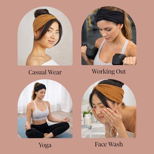 Kitsch Wide Non-Slip Headbands for Women - 2 Pack, Black & Camel