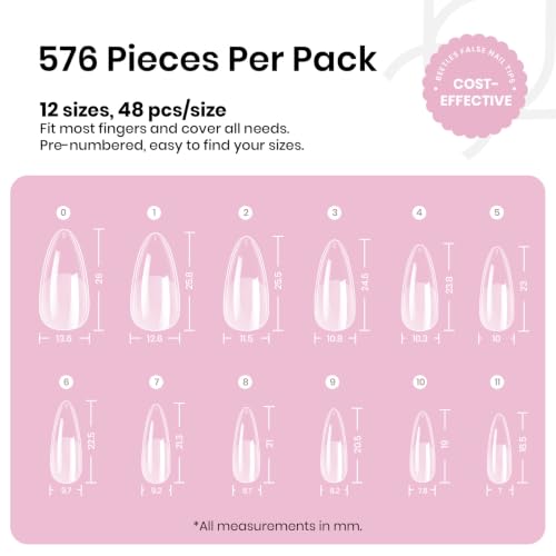Beetles Medium Almond Nail Tips - 576pcs Pre-Shaped Soft Gel Tips