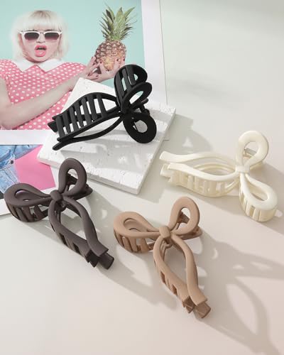 CHLINS 4 Pack Large Bow Hair Claw Clips for Women - 4.3 Inches Matte Beige Black Brown Tan