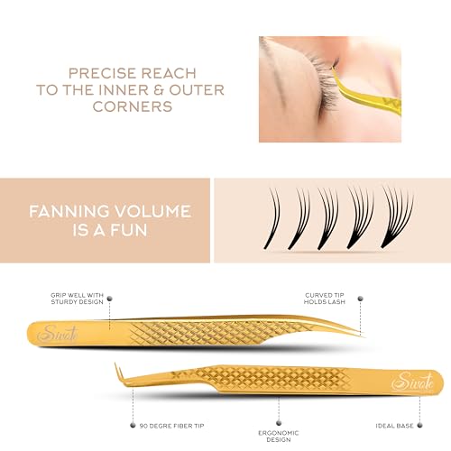 SIVOTE Gold Eyelash Extension Tweezers Set - 6 Professional Fiber Tip Tools