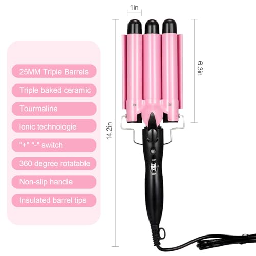 WILLBOND 25mm Pink Triple Barrel Curling Iron Wand with LCD Display