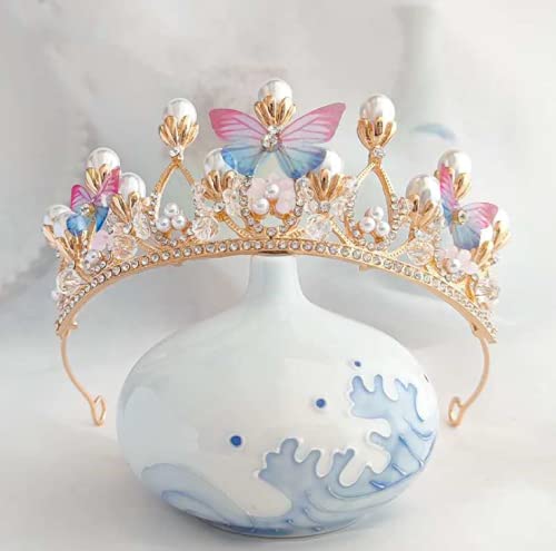 Gold Butterfly Princess Tiara Headband with Pearls & Rhinestones for Wedding Bridal Prom