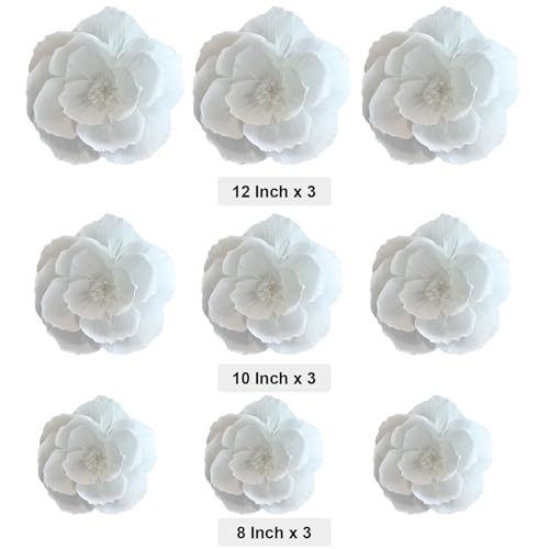 White Crepe Paper Flowers - 9 Pcs for Wedding & Party Decor