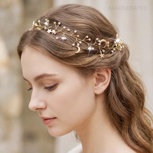 Gold Moon Headpiece Rhinestone Hair Vine for Brides