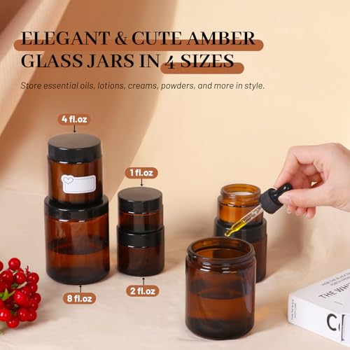 2 oz Amber Glass Jars 24-Pack with Airtight Lids & Stickers