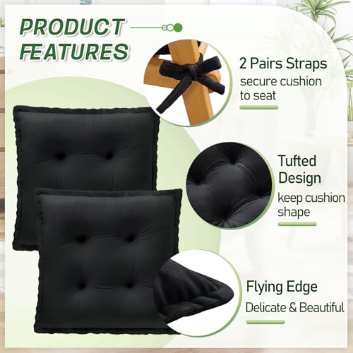 Square Seat Cushion Set of 2 for Dining Chairs - 17.7x17.7 Inch, Black