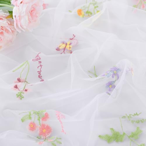 QueenDream Floral Table Runner 10FT White Embroidery Tulle