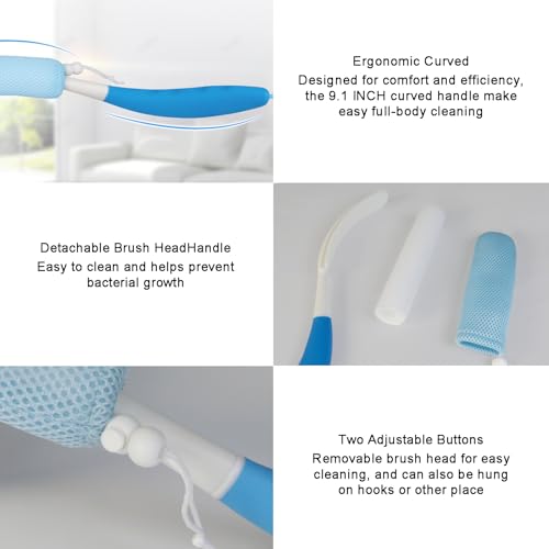 Leetye Mei Blue 15.35" Long Handle Shower Back Scrubber with Replaceable Mesh Head