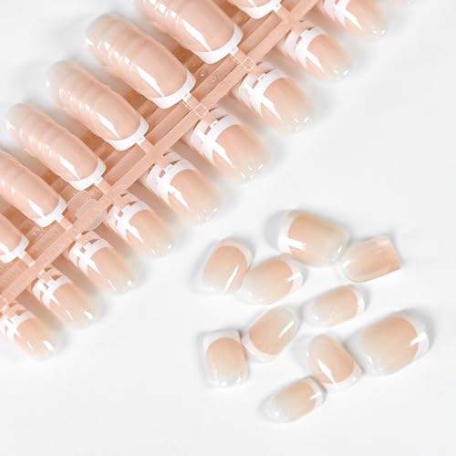 Short Pink French Press On Nails - 120Pcs Fake Nude Square Round Tips with Adhesive Tabs