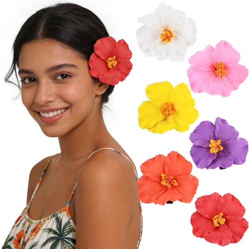 Hibiscus Hawaiian Flower Hair Clips for Women - Boho Beach Accessories, 6 Pack