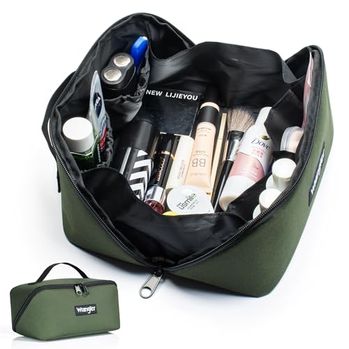 Wrangler Olive Travel Toiletry Bag for Men & Women, Large Capacity Waterproof Cosmetic Organizer with 4 Pockets & 180° Flat Design