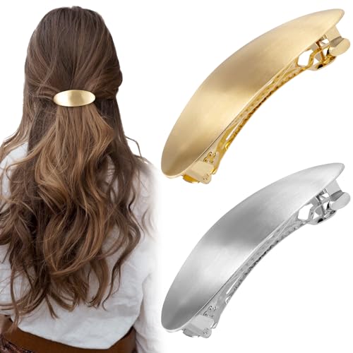 2pcs French Oval Hair Barrette Clips for Women - Gold & Silver