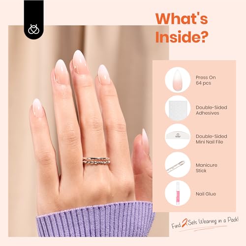 Beetles Ombre Press-On Nails - 64Pcs Short Almond Nude Pink Tips