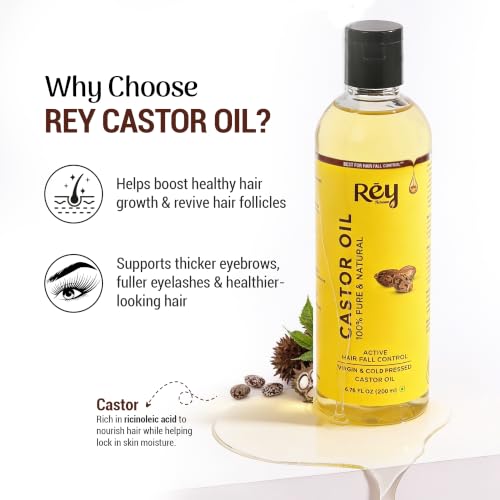 Castor Oil for Hair & Skin - Rey Naturals Cold Pressed Arandi Oil 200 ml