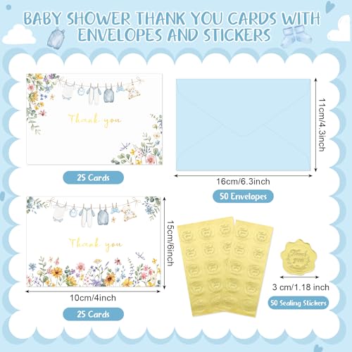 50 Pack Blue Baby Shower Thank You Cards with Envelopes