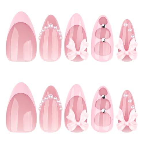BSBTBZ 24Pcs Pink French Tip Press-On Nails with Pearls & Rhinestones, Medium Almond, Bow Style 2