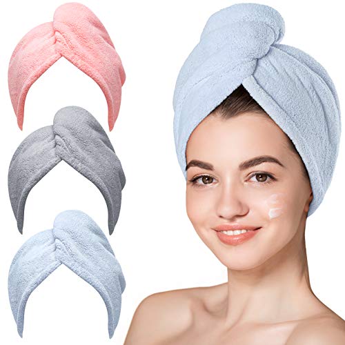 Hicober Microfiber Hair Towel Wrap, Fast Drying Hair Towels for Women, Soft Lightweight Quick Dry Turban for Curly & Long Hair?3 Pack(Blue/Grey/Pink)