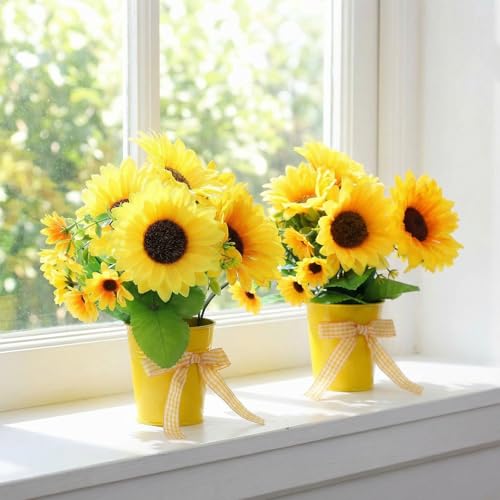 2 Pack Small Artificial Sunflower Potted Plants - Rustic Home Decor