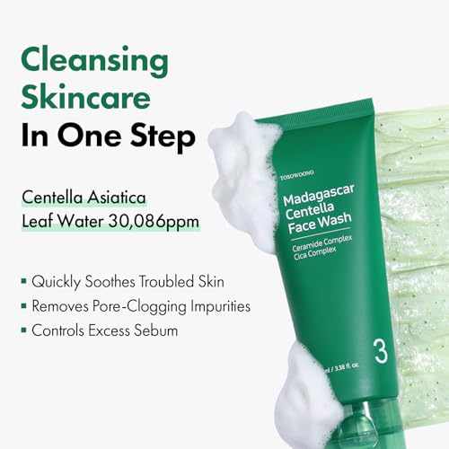 TOSOWOONG Madagascar Centella Mochi Whip Face Wash for Sensitive Skin, 100ml