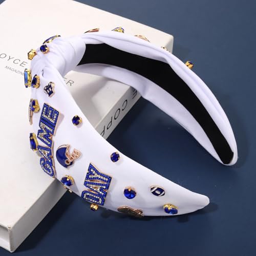 CEALXHENY White Blue Football Headband for Women Game Day Beaded Rhinestones