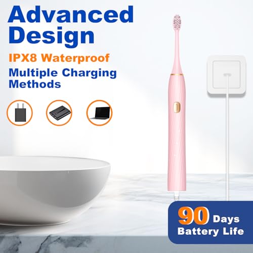FXQQZZ Electric Toothbrush for Adults and Kids - Rose, 8 Brush Heads & Tongue Scraper