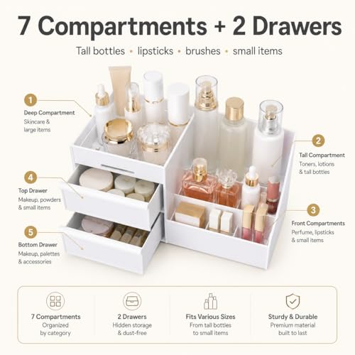 White Makeup Organizer with 2 Drawers & 7 Compartments for Cosmetics & Skincare