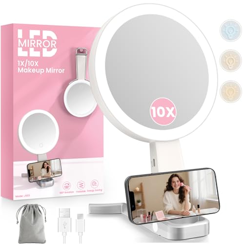 Lighted Makeup Mirror with 10X Magnification - White Silver Portable 3-in-1