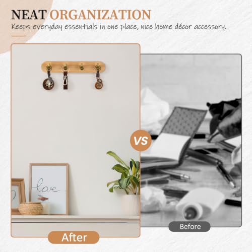 Nekon Bamboo Key Holder with Gold Hooks - Self-Adhesive Wall Organizer