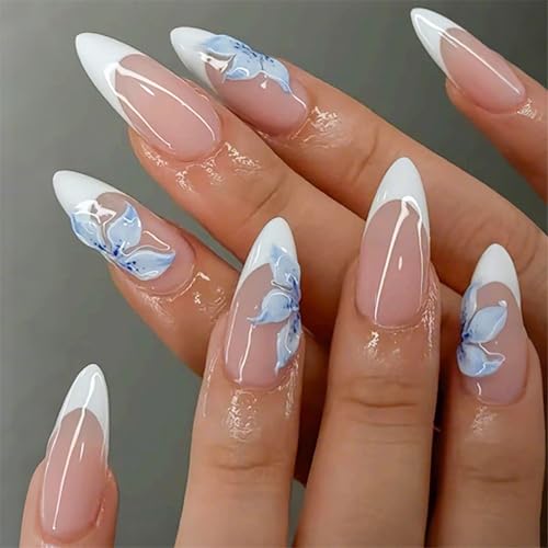 Press on Nails Medium Almond MABKJLF Fake White French Tip False with