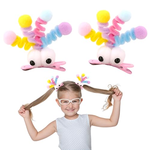 MIUPOO Fluffy Pom Poms Hair Clips for Girls - Pink Eyes Quirky Monster Barrettes, 2 Pieces