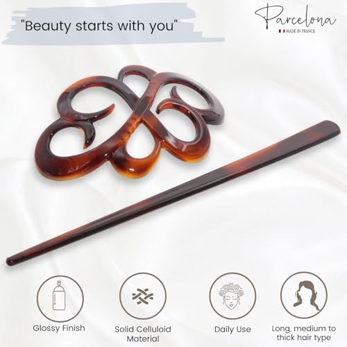 Parcelona French Tortoise Shell Bun Holder with Hair Stick - 3.5 Inch