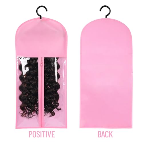 AIHOPESTO 2PCS Pink Wig Holder & Storage Bags with Hanger, Portable Wig Organizer for Multiple Wigs & Extensions