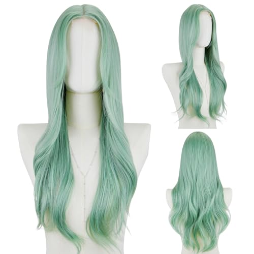 STYLER 29-Inch Long Green Wavy Wig with Bangs - Heat Resistant Synthetic