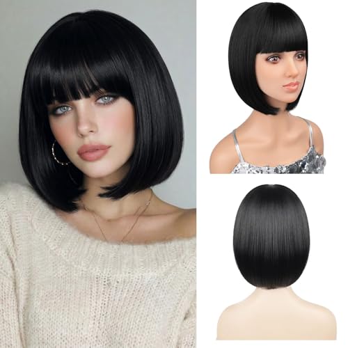Lumitressa Black 12 Inch Bob Wig with Bangs for Women - Adjustable Fit, Synthetic Hair, Trendy Short Style