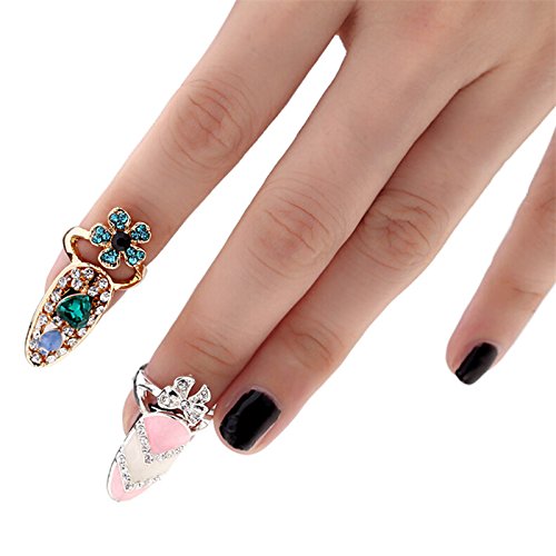 12 Pcs Adjustable Rhinestone Bowknot Nail Rings Set - CoscosX