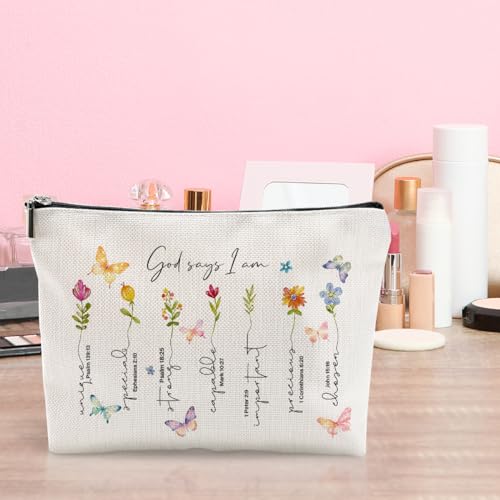 God Says I Am-02 Christian Makeup Bag Bible Verse Floral Butterfly Gift for Women