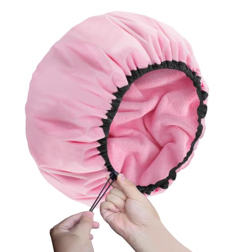 SHEOMERN Pink XX-Large Adjustable Shower Cap - Waterproof & Soft Terry Lined for Long Hair, Braids, Dreadlocks