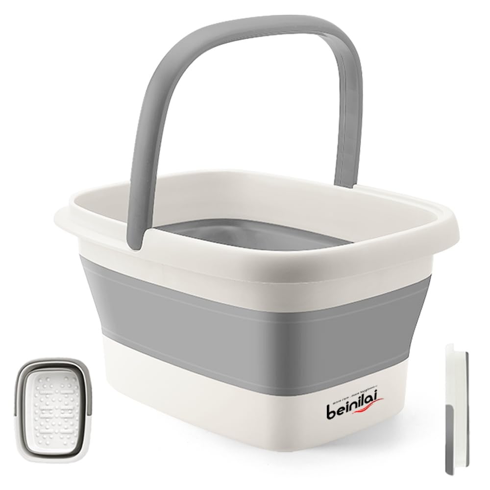 Collapsible Foot Bath Basin - Soaking Tub with Handles & Acupoint Massage | Foldable Plastic Bucket - Gray