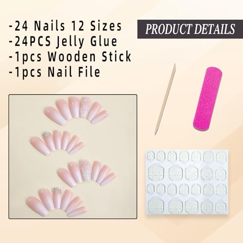 Pink Rhinestone Press On Nails - 24pcs Long Square Coffin Set