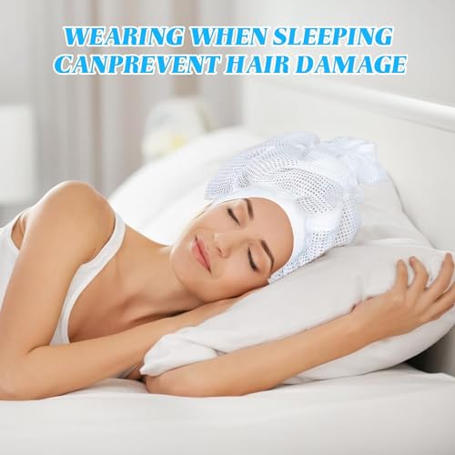 LiWeuHui 2-Pack Net Bonnet for Curly Hair - White Satin-Feel Mesh Drying Cap & Sleep Cap Set