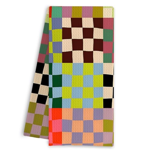 Colorful Checkered Hand Towels - 100% Cotton, 16x24 Inch Absorbent Kitchen & Bathroom Towels