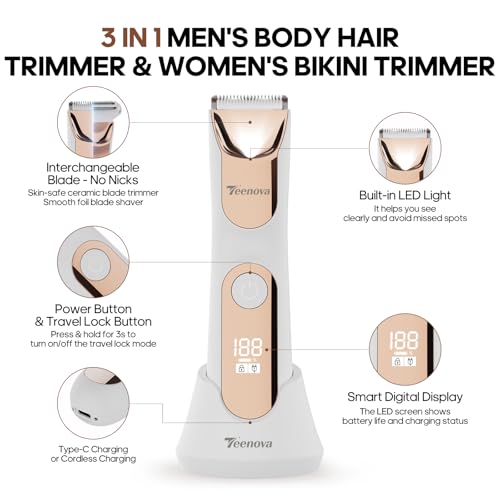 TEENOVA 3-in-1 Body Hair Trimmer for Men & Women - No Nick Groomer with LED Display, Waterproof Design