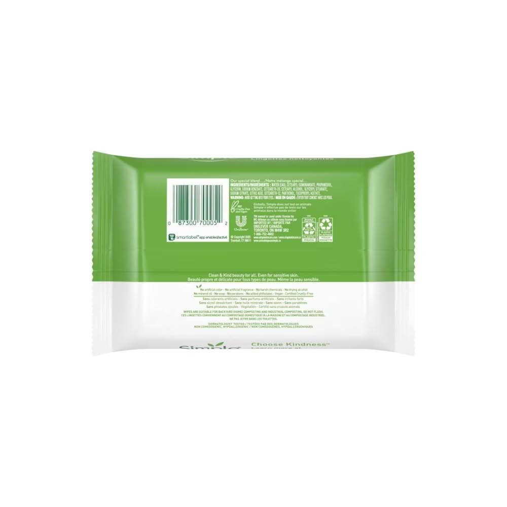 Simple Sensitive Skin Makeup Removing Cleansing Wipes No Harsh Chemicals, 25 Count (Pack of 3)