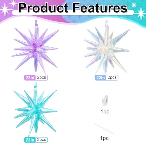 Iridescent Star Balloons - 6 Pcs Holographic Party Decor, 22 Inch