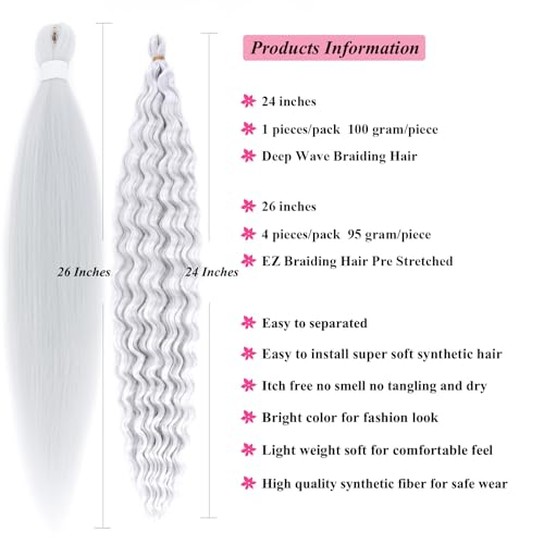 Silver Gray Boho Braiding Hair 26 Inch Pre-Stretched Wavy Curly Extensions