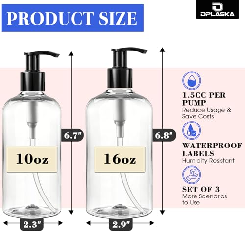 DPLASKA 3-Pack 16oz Clear Pump Bottles with Locking Pump, 3 Colors