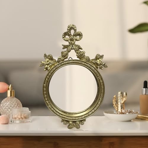 Vintage Gold Makeup Desk Mirror with Ornate Bow Design