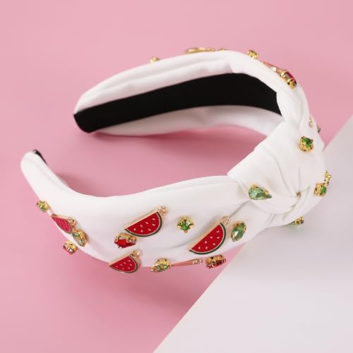 Watermelon White Headband for Women - Rhinestone Fruit Knot Hairband