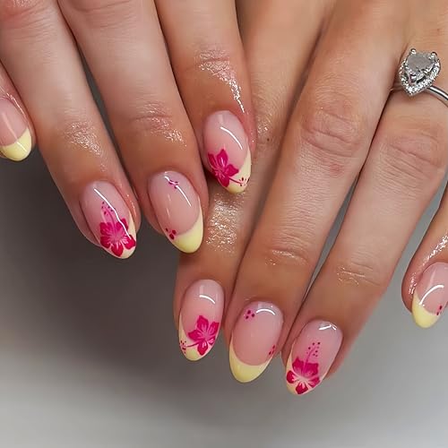 24PCS Short Almond French Tip Press On Nails - Hibiscus Flower Design